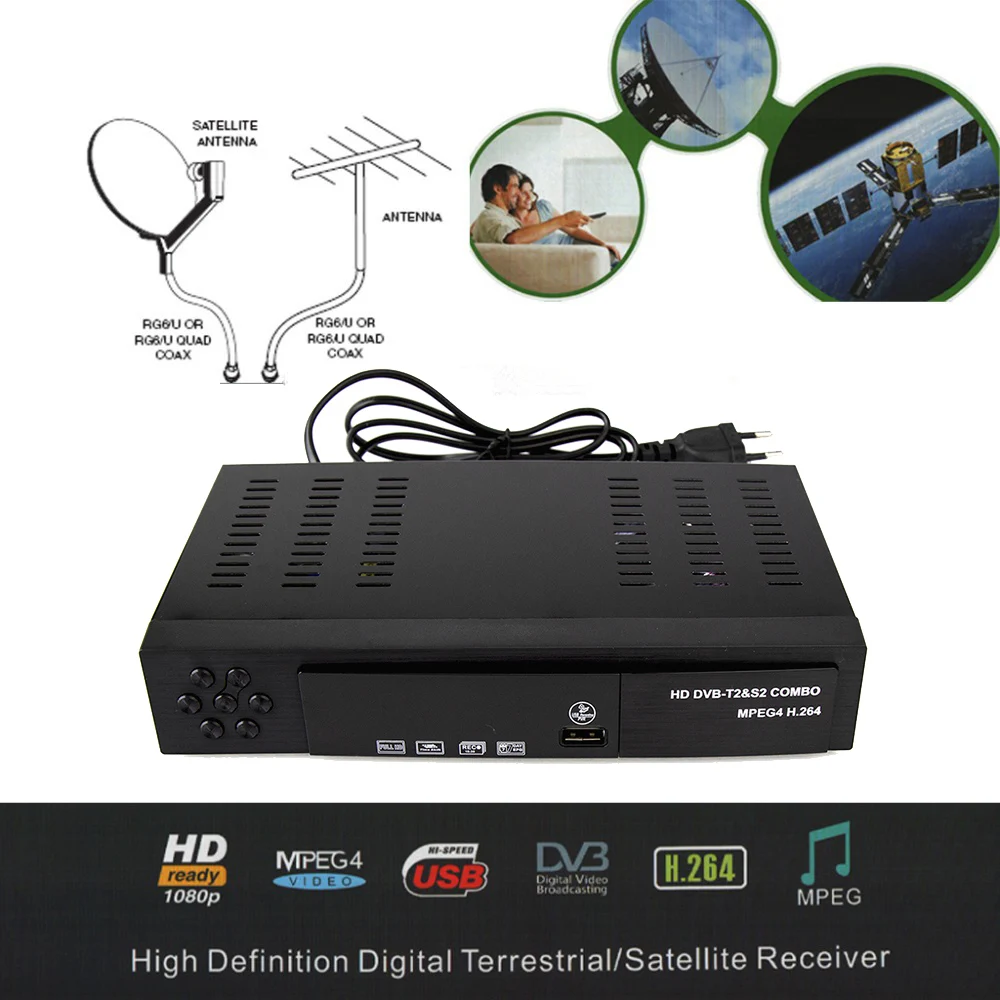 Приемный спутниковый цифровой DVB T2+ S2 ТВ-тюнер к оплате MPEG4 DVB-T2 ТВ-приемник T2 тюнер Поддержка bisskey 1080P S2 декодер - Цвет: Black
