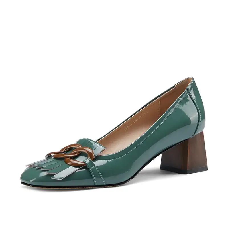 

Genuine Leather Round Toe Stiletto Medium High Heels Shoes Women Pumps Metal Decoration Shoes Woman Newest Party Shoes Woman