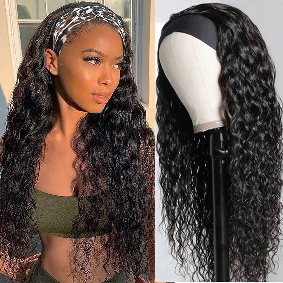 Headband Wig Human Hair Water Wave Brazilian Remy Human Hair Headband Scarf Wigs For Black Woman Glueless Full Machine Made Wig