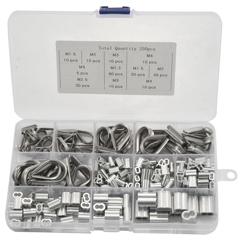 

HOT SALE 250Pcs Wire Rope Cable Thimbles Combo And Aluminum Crimping Loop Sleeve Assortment Kit For Wire Rope Cable Thimbles Rig