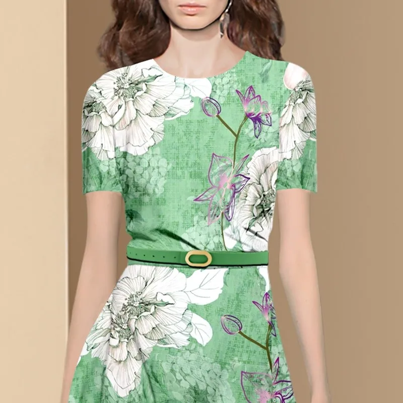 

Chiffon Loose Plus Size Women's Dress New Casual Fashion Dresses Flower Print O-neck Short Sleeve Mid-length Summer Houthion