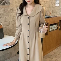 2021autumn spring french lapel western style clouds collar single breasted draw back thin puff sleeve long sleeve dress vestidos