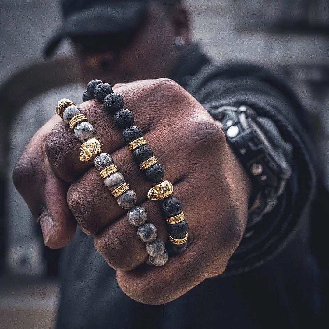 

Natural Blue Emperor Stone Beads Men Bracelet Bangle Stainless Steel Ghost Head Beaded Bracelets Jewelry Pulseras Masculina