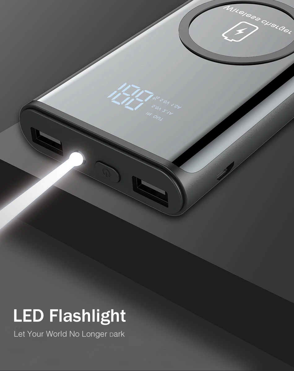 Power Bank 10000 мА-ч, беспроводное зарядное устройство YKZ светодиодный дисплей портативное зарядное устройство power bank с светодиодный фонарик внешняя батарея для iPhone