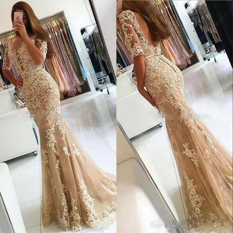 Champagne Lace Tulle Mermaid Half Sleeves Sexy Backless Dress Illusion Sheer Scoop Formal Gown Bridesmaid Dresses