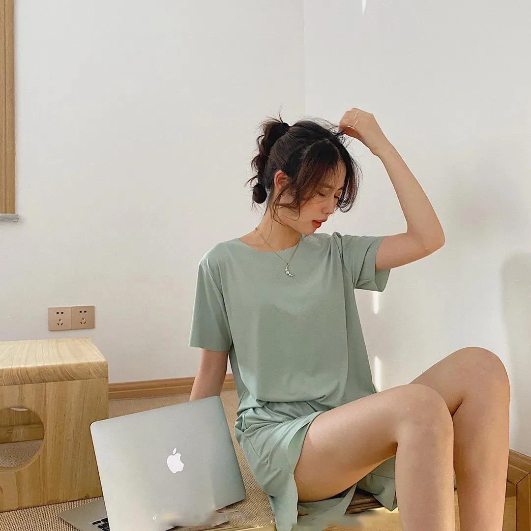 2021 Summer New Women's Pajamas Sets Casual Ice Silk Short Sleeve Solid Color Loose Fashion Home Clothes Female Sleepwear
