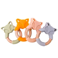silicone baby teether wooden rings teether fox animals rodents beech wood rattles chew fox rings baby products 5 pcs