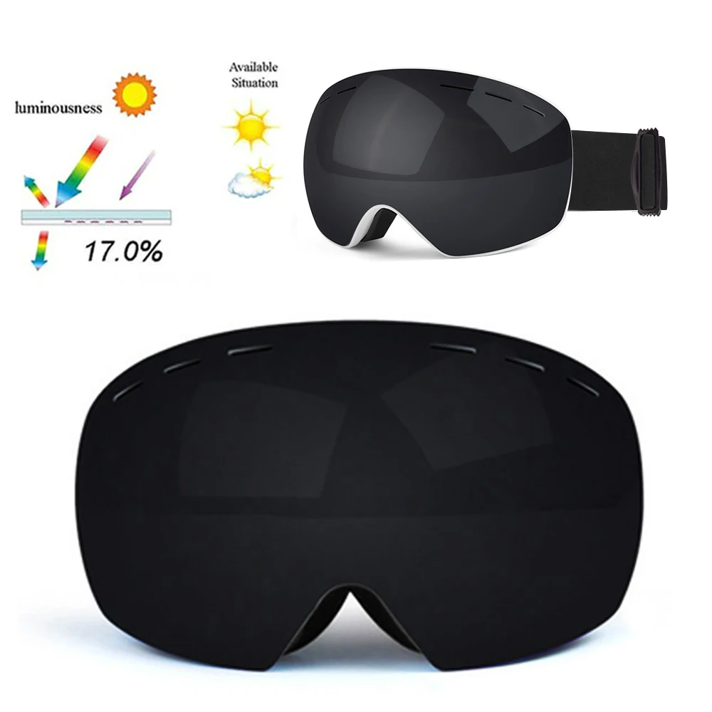 Лыжные очки UV400 сферические двухслойные противотуманные защитные согревающие большие линзы очки для мужчин и женщин сноуборд очки для катания на коньках - Цвет: Black