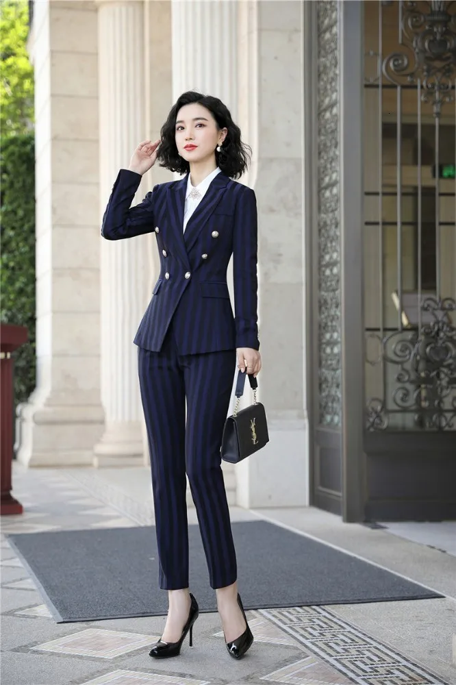 High Quality Fabric Novelty Wine Striped Women Business Suits with Pants and Blazer Coat Autumn Winter Professional Pantsuits