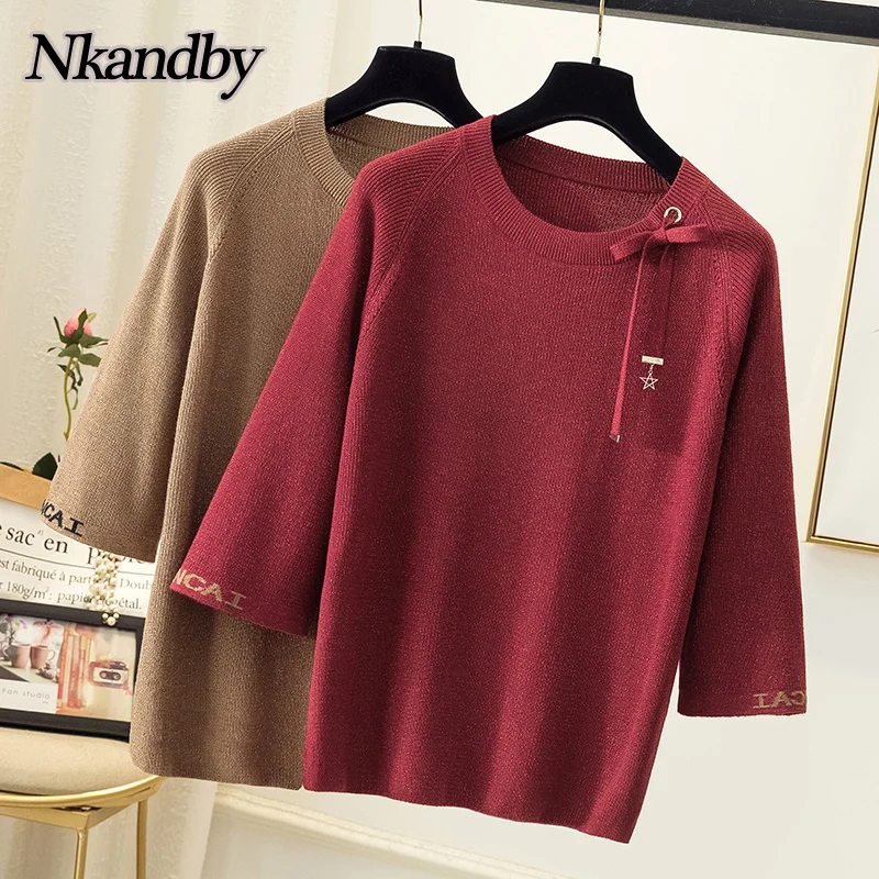 

Plus Size Bright Silk Knitted Sweaters Women 2021 Autumn Trendy Three Quarter Sleeve Loose Bow Korean Ladies Pullovers Jumpers