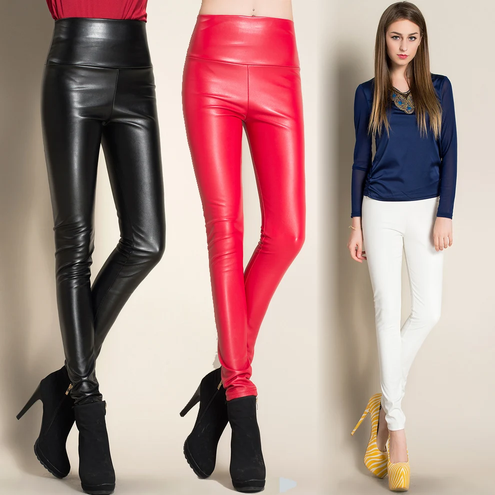 

Winter To Spring Women Ladies Y2K Legging Leather Slim Pants Female High Waist Stretchable Pencil Skinny Warm Fleece Trousers