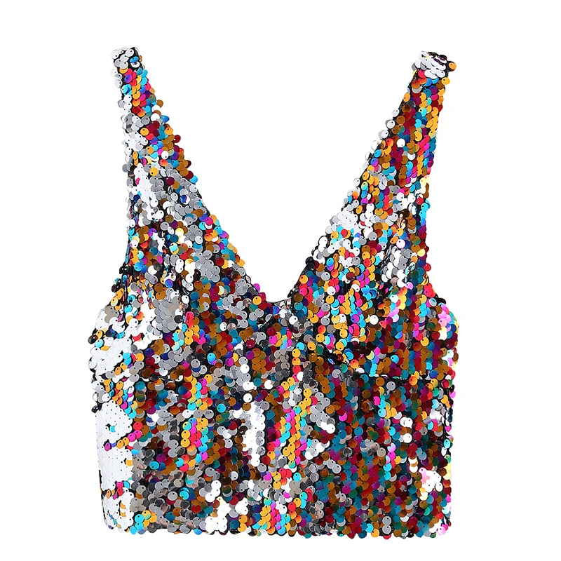 Малина многоцветный блестками женские майки топы Мода V образным вырезом с