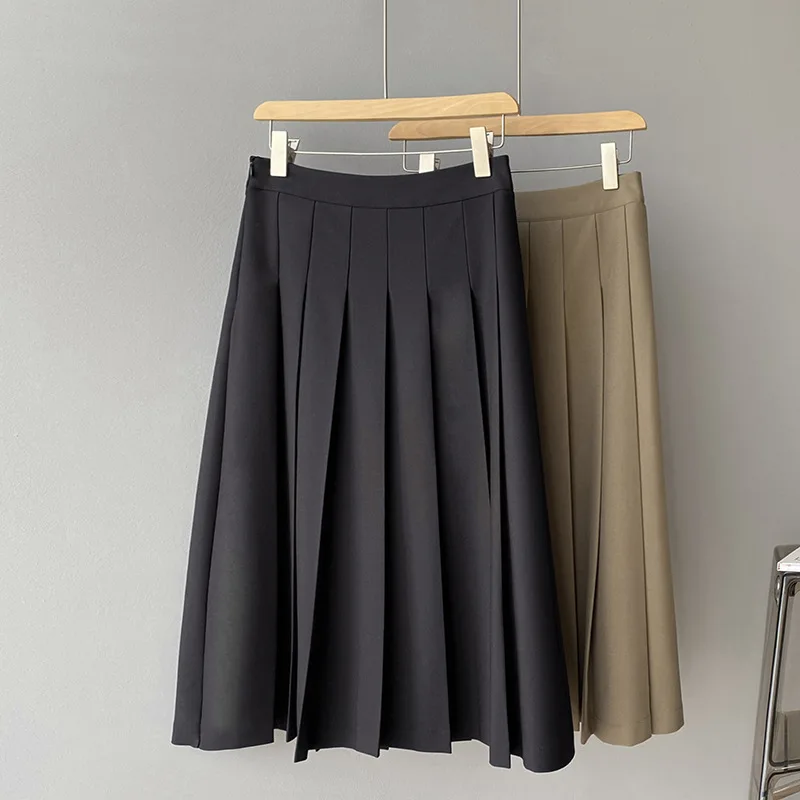 

chic new women high waist a-line pleated skirts side zipper fly design solid faldas 2021 spring japan style ol all match jupe