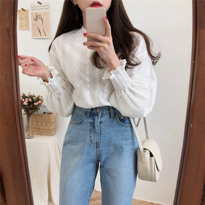 Женская блузка топ рубашки Корейская Милая Кружевная рубашка с вышивкой для