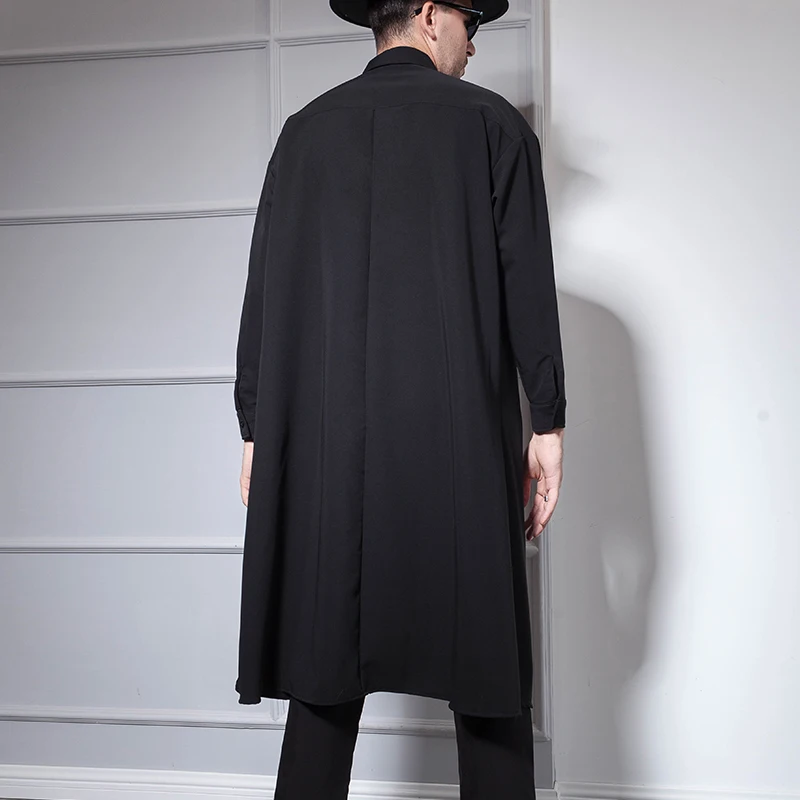 Мужская рубашка с длинным рукавом Супер длинная темно синяя разрезом сбоку