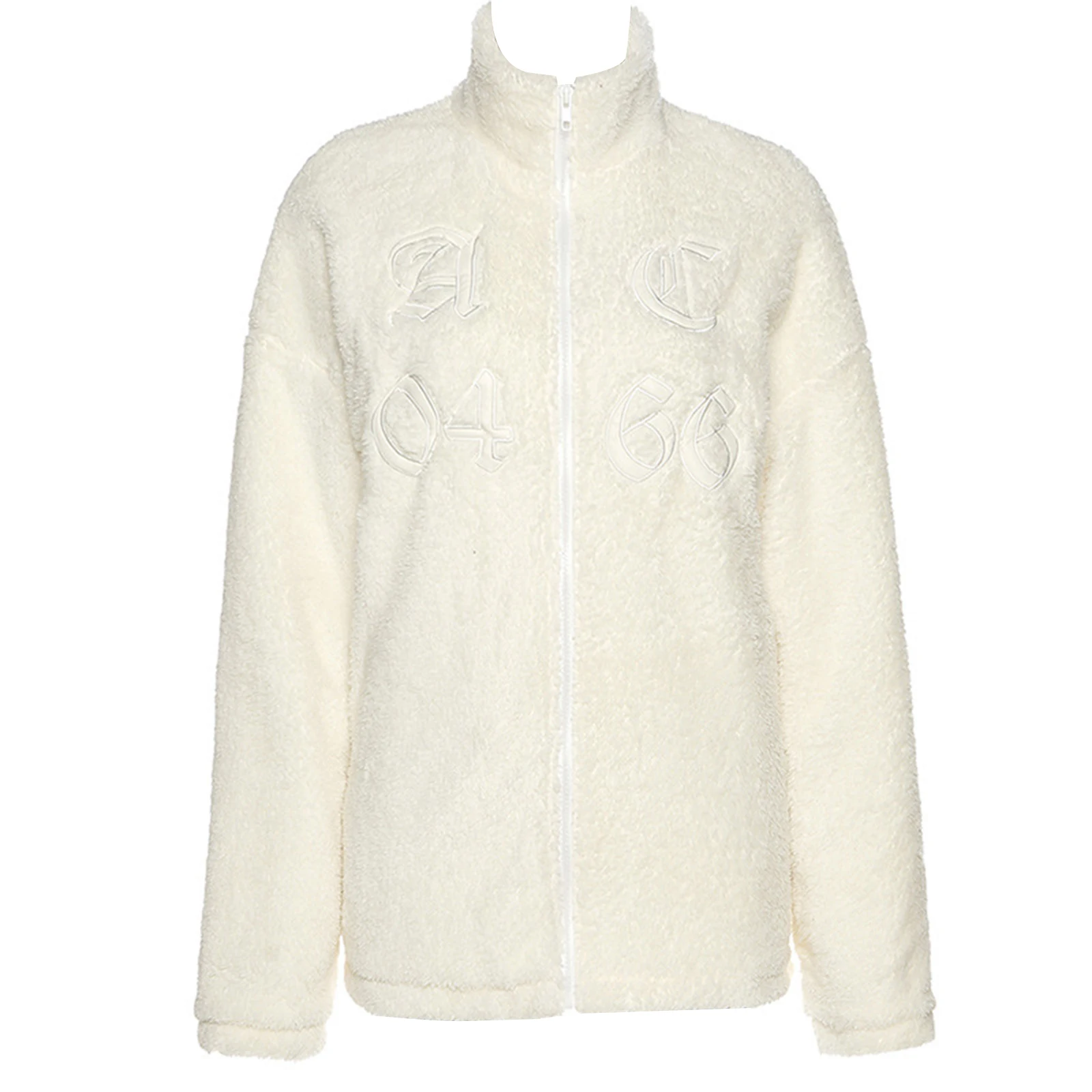 

Women Winter Jacket Fleece Embroidery Lapel Long Sleeve Zip-Up Loose Coat for Girls