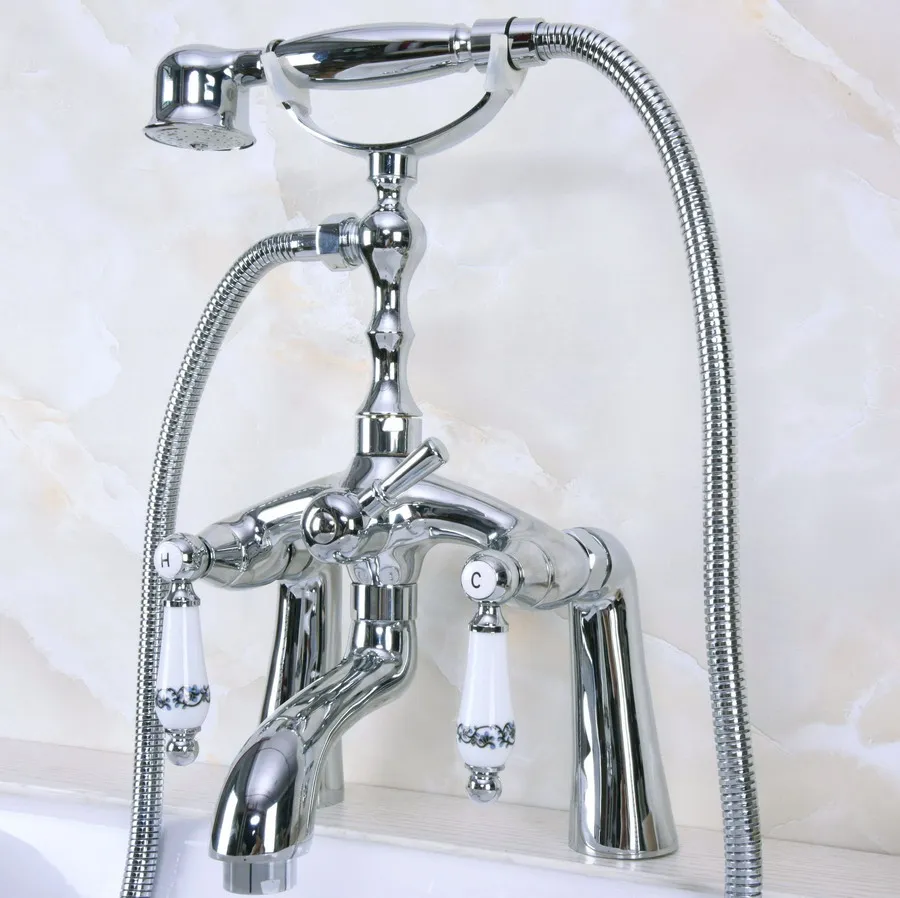 

Brass Polished Chrome Deck Mounted ClawFoot Bathroom Tub Faucet Dual Ceramic Handles Telephone Style Hand Shower Head ana102