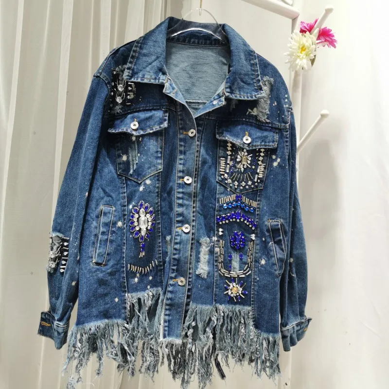 

TVVOVVIN Spring Fashion Vintage Diamonds Denim Coat For Women 2021 Irregular Rough Edges Tassel Loose Streetwear MTET