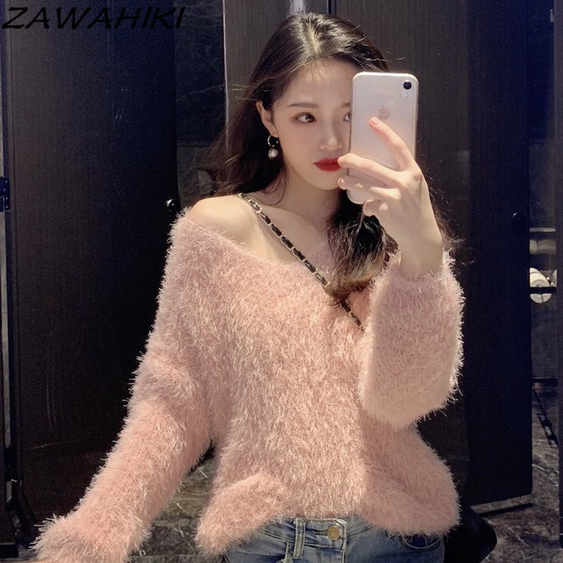 

Весна-осень, вязаные топы zawхиты, милые ленивые свободные свитера, Однотонный свитер с V-образным вырезом, пуловер, повседневные корейские пу...