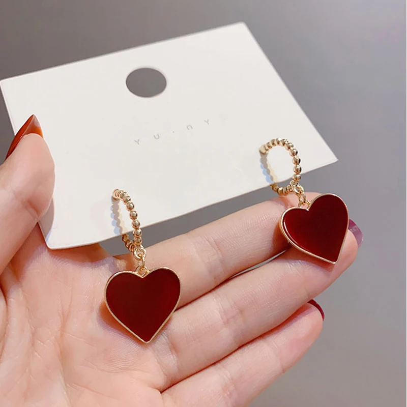 

Korean New Fashion Red Love Heart Stud Earrings for Women Girl Vintage Trend Gold Drop Dangle Statement Geometric Jewelry Gift