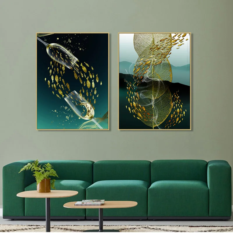 

Green Leave Golden Fishes Wine Glasses Pictures Canvas Paintins Wall Art Gallery Dining Room Bar Home Decoration Posters Print