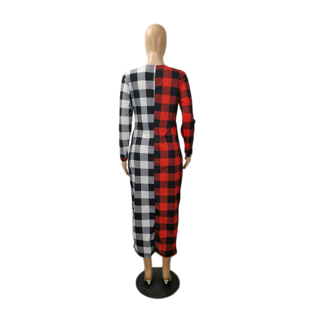 

Autumn new fashion Plaid printed casual dress slim o-neck long sleeve women's T-shirt long skirt