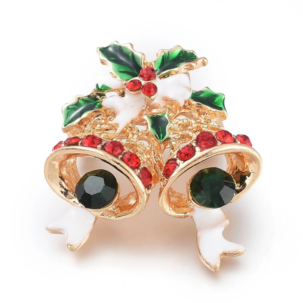 

5PCS Golden Plated Alloy Brooches with Rhinestone and Enamel Christmas Bell for Christmas Colorful 31.5x29.5x16.5mm Pin: 0.8mm
