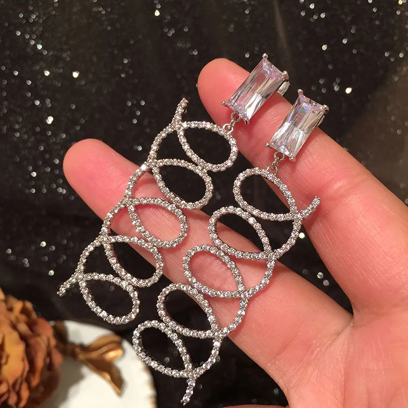 

Trendy Simple Shiny Cubic Zirconia Hollow Geometirc Long Earrings Women Luxury Temperament Fashion Jewelry Gift Tassel Earring