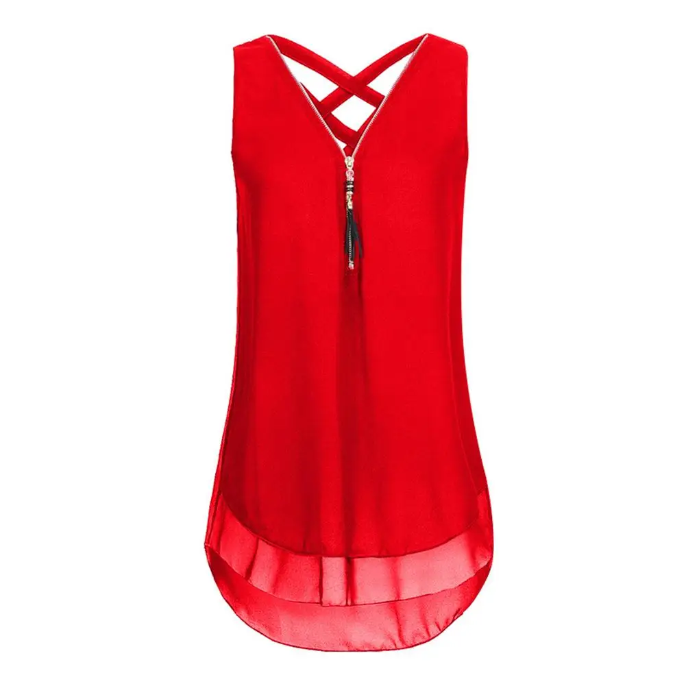 

80% HOT SALES !!! Sexy Lady Solid Color Back Bandage V Neck Sleeveless Zipper T-shirt Blouse Vest