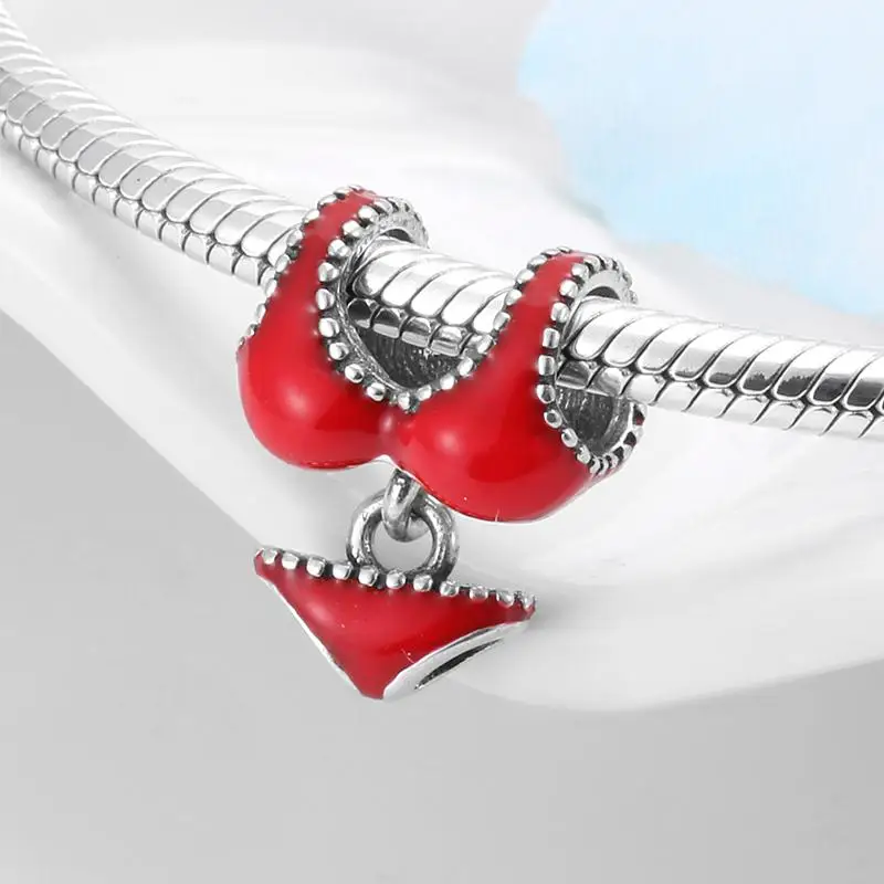Высокое качество серебро 925 пробы красная эмаль бикини набор форма бусины шарм