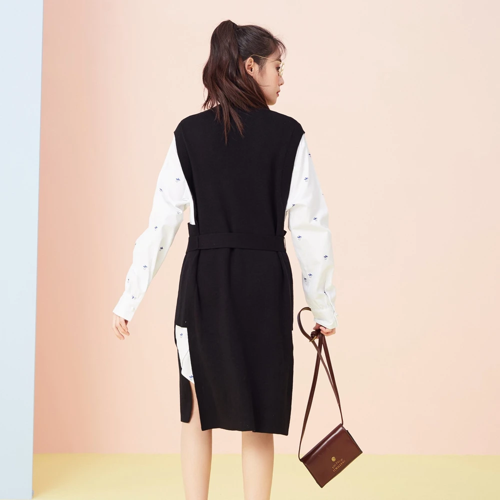 Длинное вязаное многослойное женское платье свитер Metersbonwe с ложным воротником из