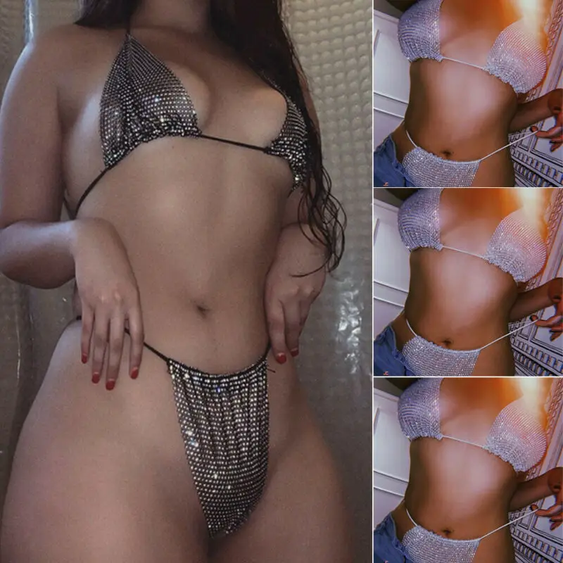 

USA Women Sequin Rhinestone Crystal Diamond Push-up Bikini Set Swimsuit Swimwear