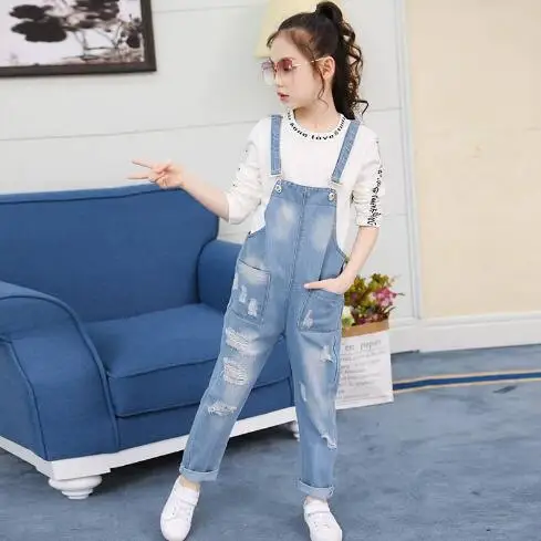 

Children Overalls Autumn Boys Girls Denim Suspenders Jeans for Teen Fashion Hole Ripped Jeans Pants Casual Kids Denim Jumpsuit