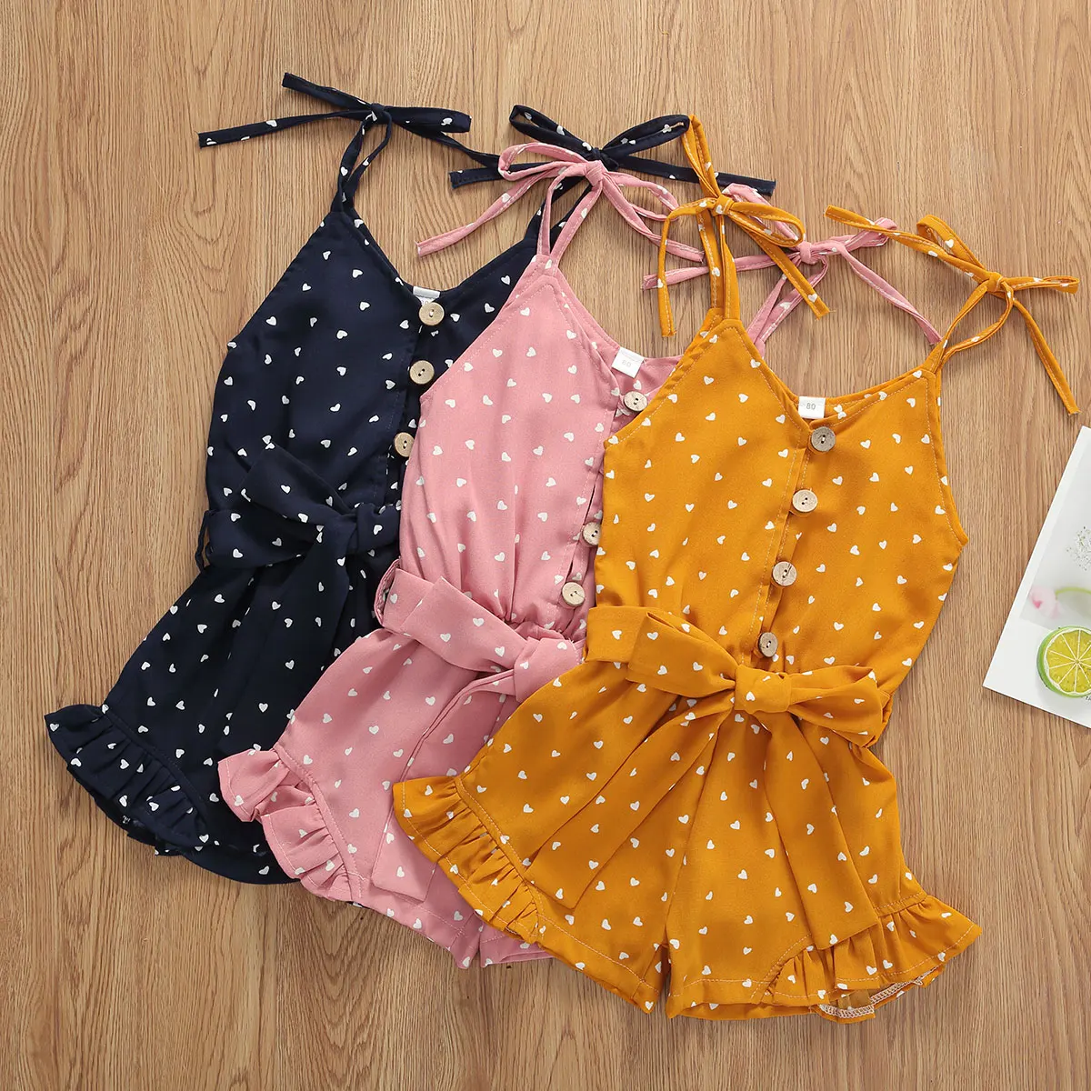 

Baby Summer Clothing Toddler Kid Baby Girl Strap Sleeveless Jumpsuit Little Hearts Print Shorts Outfits