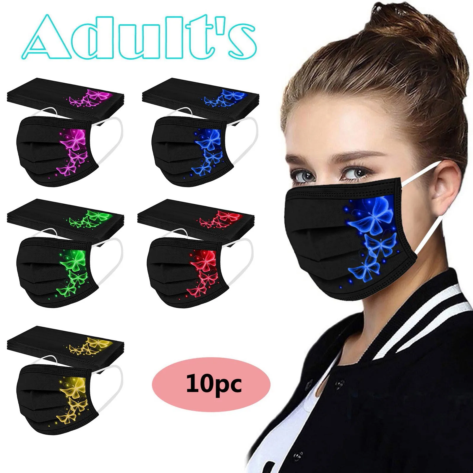 

10PC Adult'S Butterfly Printed Mask Disposable Protective Face Masks Disposable Protective s mascarilla Monder Scarf Halloween