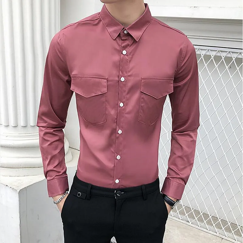Роскошная мужская Повседневная рубашка с карманами Однотонная длинными