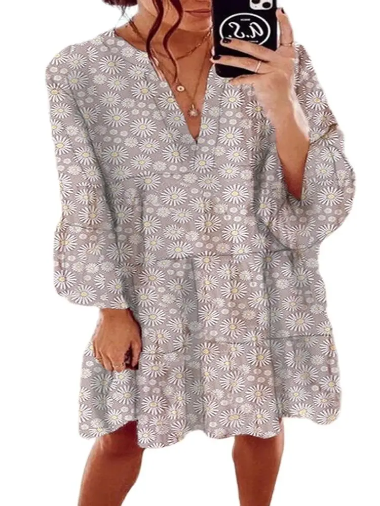 

Plus size 3xl Women Short Mini Dress Patchwork V-neck Vintage Flower Print Dresses Ladies Bohemian Lantern Sleeve Dress Femme