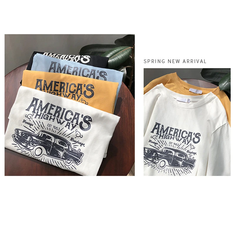 

Spring Summer New Korean INS Short-Sleeved Women White T-shirt Car Doodle Printing Loose Casual Round Neck Black T-shirt Top
