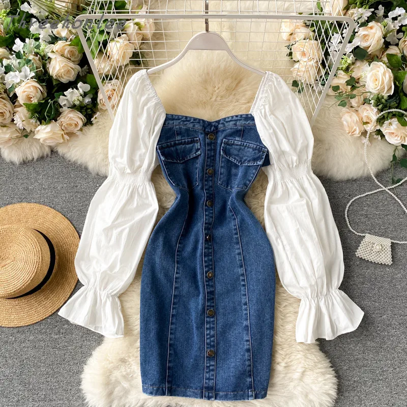 Весенне-осенние модные Цвет платье из джинсовой ткани для женщин Элегантное