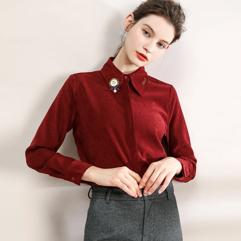 

Вельветовая рубашка Женская весенне-зимняя дизайнерская нишевая рубашка во французском стиле темпераментная рубашка бордового цвета ретр...