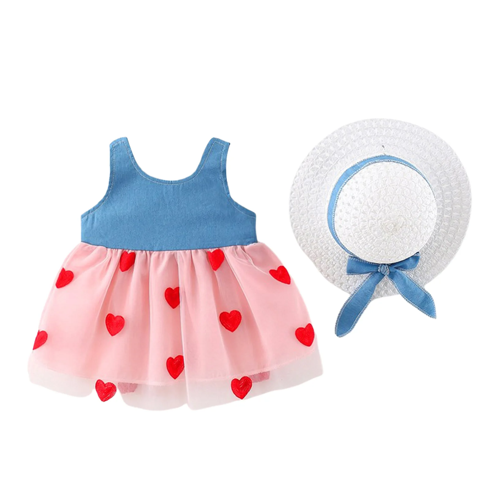 

2pcs Fashion Kids Baby Girls Heart Printed Princess Sleeveless Strap Dress+Hat Sundress Summer Toddler Girl Clothes Set