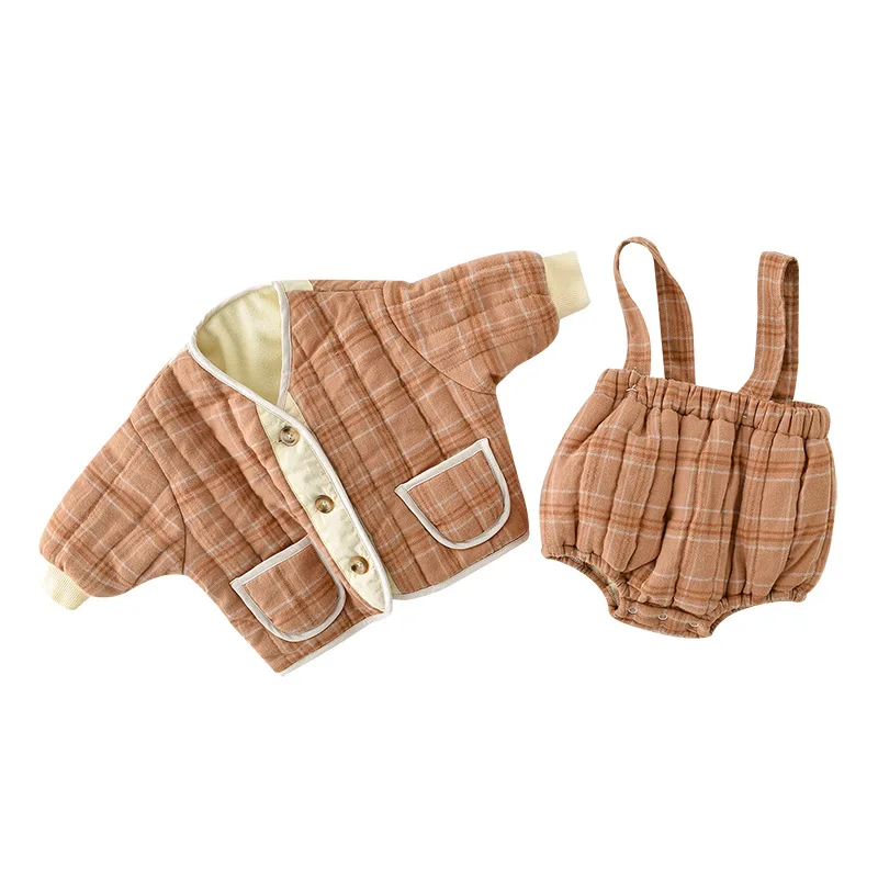 

2PCS WLG Baby Boutique Outfits Winter Boys Girls Khaki Brown Velvet Thick Coat and Strap Romper Set Toddler Warm Clothing Set