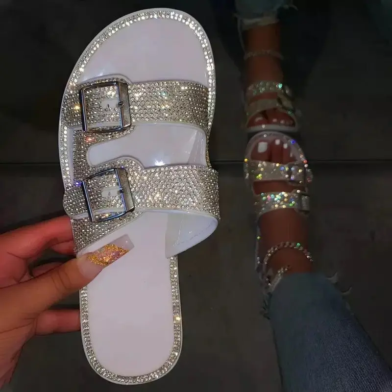 Woman Bling Crystal Sequin Slippers Ladies Fashion Slides Girls Casual Outdoor Flats Female Beach Shoes Women Mules Plus Size 43