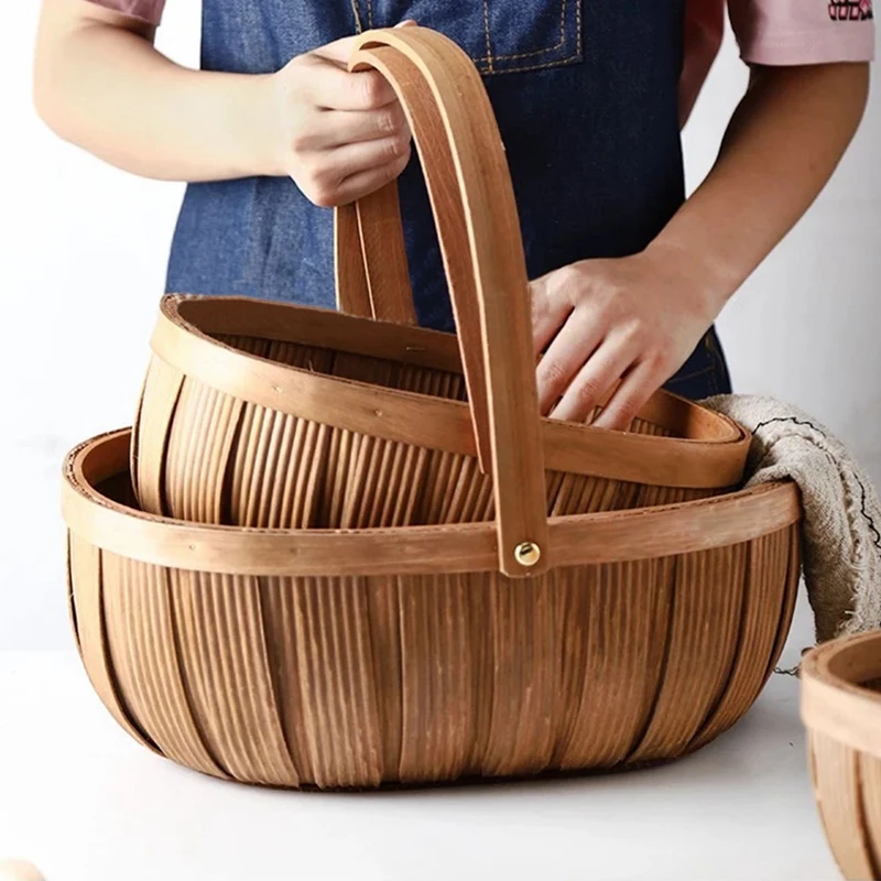 

3Pcs Hand-Woven Fruit Basket Empty Oval Willow Woven Basket Lager Capacity Picnic Basket with Foldable Handle