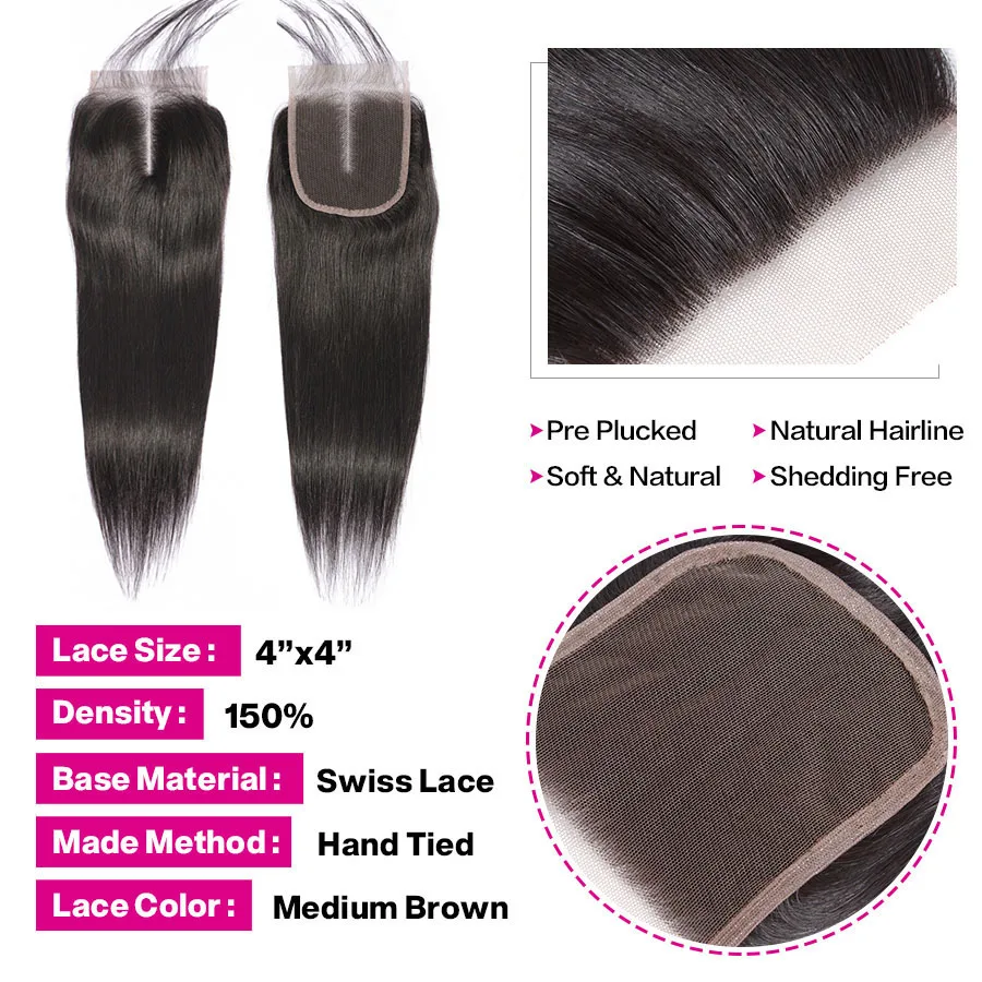 Бразильские прямые волосы 3 пряди Remy 100% человеческие волнистые пучки с 4x4