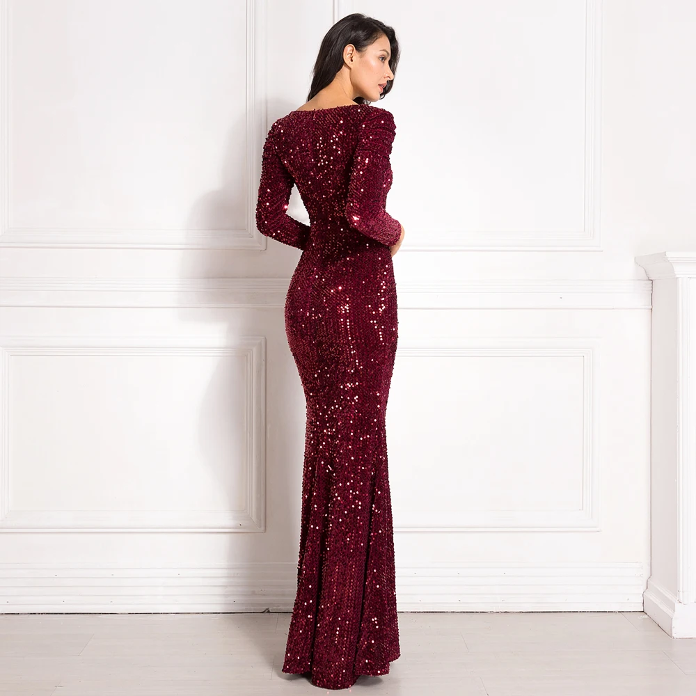 Бархатное платье-макси с V-образным вырезом и пышными рукавами | Женская одежда