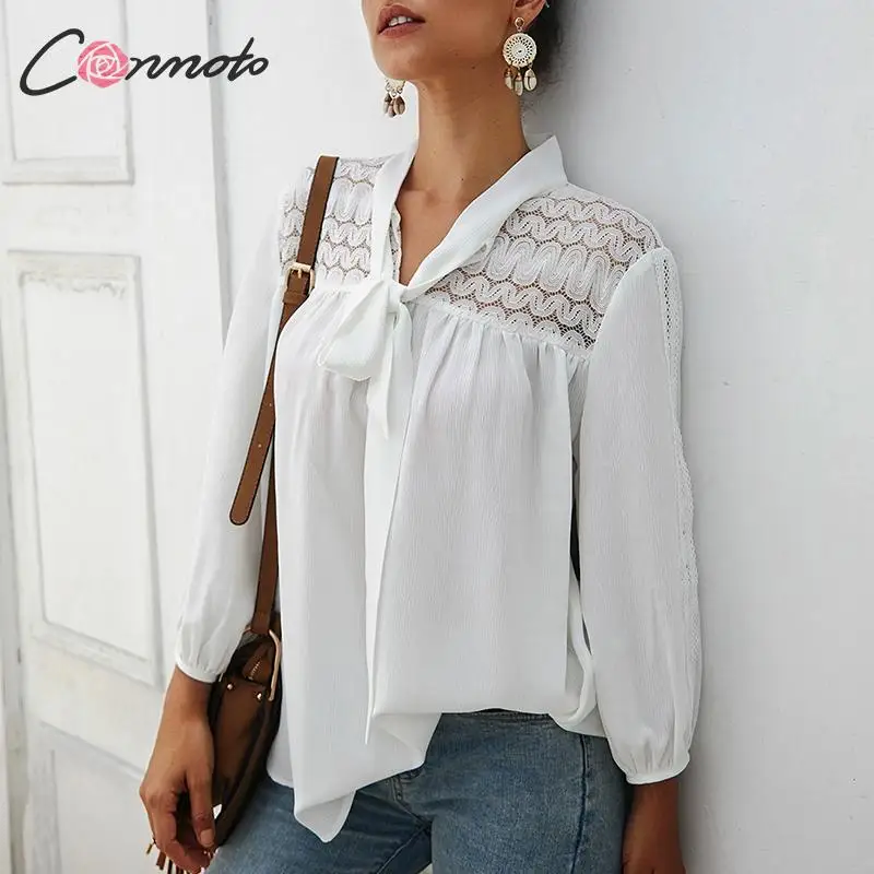 Conmoto Женские топы и блузки 2019 белые рубашки с длинным рукавом кружевные лоскутные