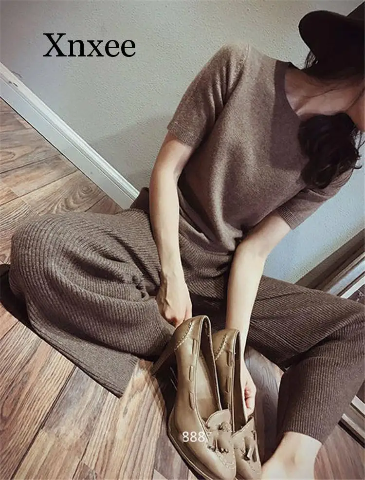 cashmere camel pants female Autumn Winter soft waxy comfortable pure knitted wide leg Casual Loose Knitted women | Брюки