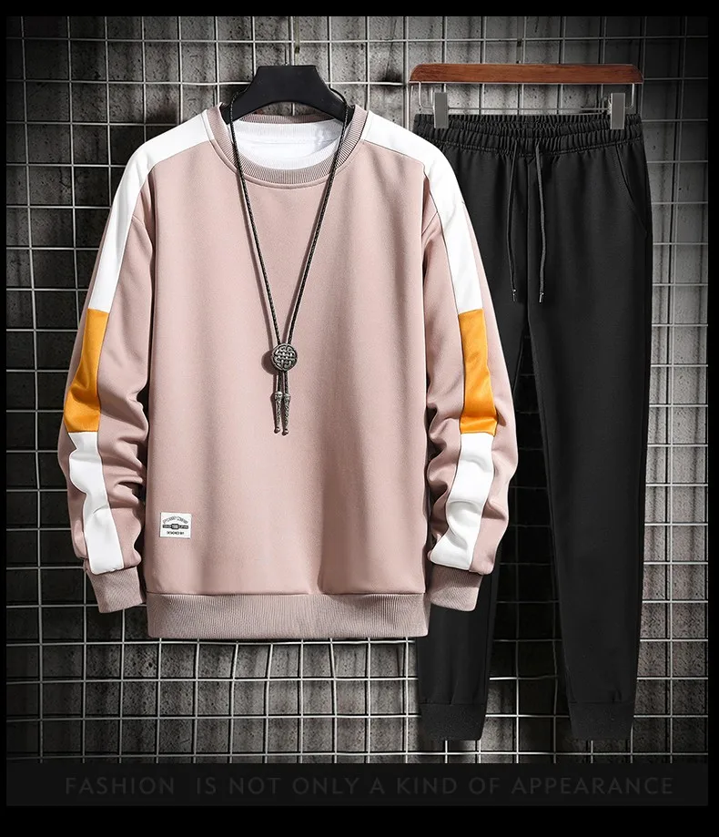 

2021New couple spring and autumn long-sleeved fashion patchwork T-shirt + pants two-piece sportswear student sportswear suit