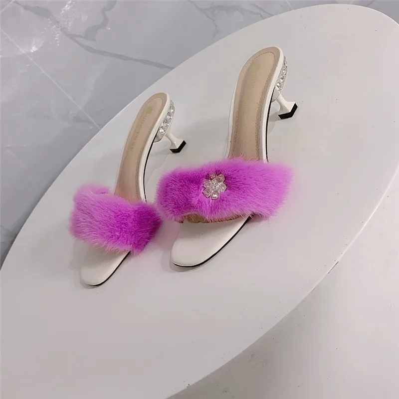 

Тапочки женские меховые, норковые, на среднем каблуке, Нескользящие
